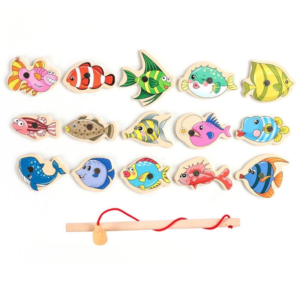 Wooden Montessori Magnetic Fishing Game Toy Set Fish Rod Kids Toddlers 16pcs